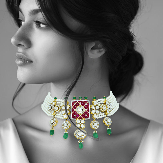 Pearl Choker with Ruby Talaf, Polki, and Emerald Drops